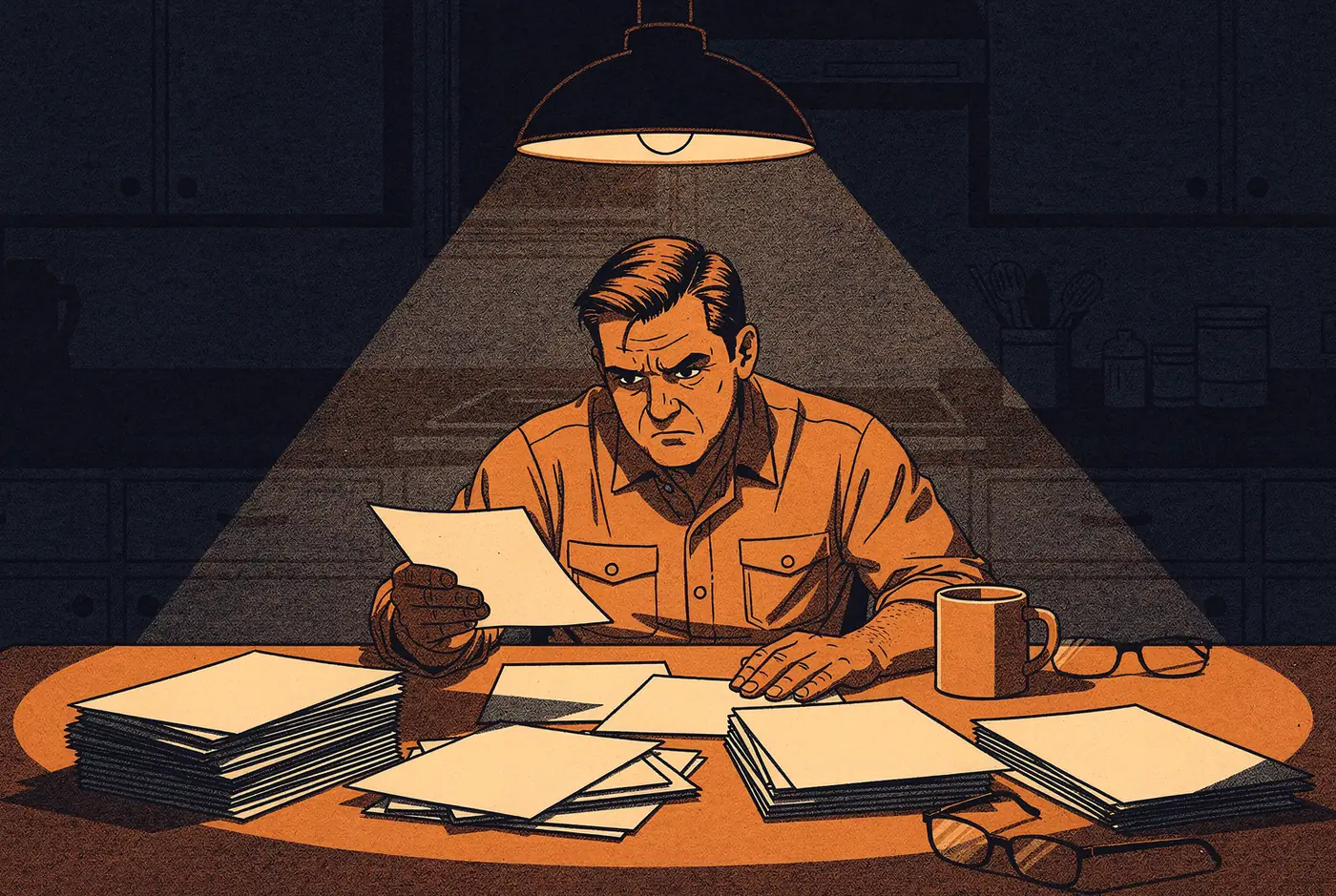 Illustration of a roofing contractor reading a thick contract at his kitchen table at night