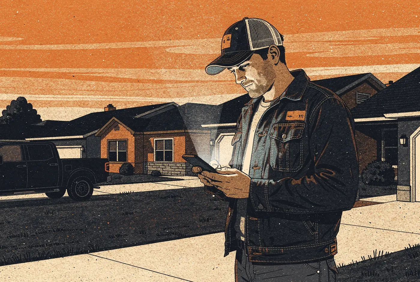 Illustration of a roofing contractor standing in a driveway at dusk, looking at his phone, neighborhood rooflines behind him
