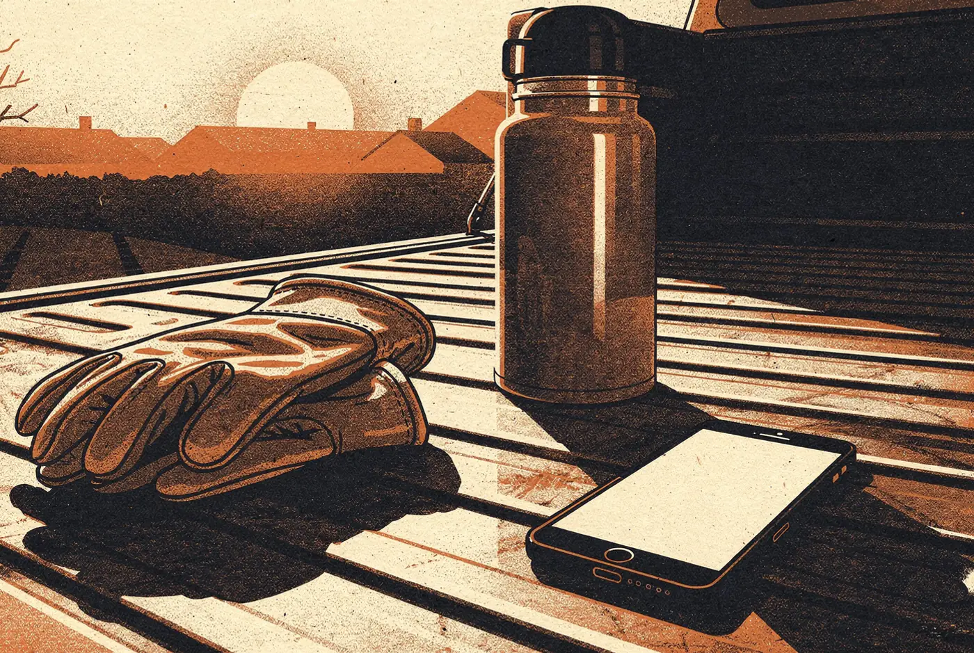 Illustration of work gloves, a thermos, and a glowing phone on a pickup tailgate at sunrise